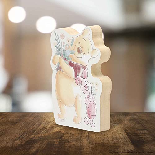 Image of Disney Winnie the Pooh and Piglet with Flower Bouquet Shelf Sitter Decor | Chunky Wood Block Decoration for Home or Office