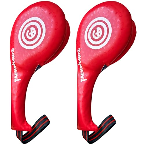 Taekwondo Kick Pads Durable Upgraded Leather Kickboxing Sparring Gear Training Equipment for Martial Arts Karate TKD Red/Blue 2 Pack (RED)