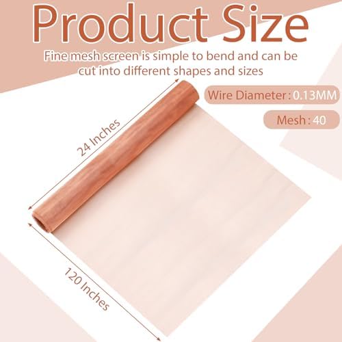 24" x 120" Copper Mesh Screen 40 Pure Wire Fabric for Grounding Copper Dense Filter Screen Mesh Woven Crafts Window Protection