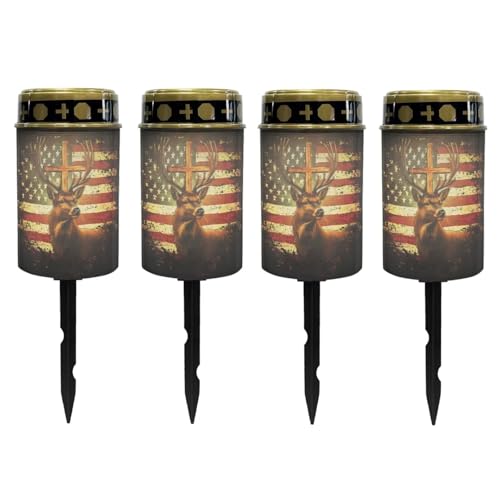 Image of Poceacles Deer American Flag Vintage Pattern Solar Lights Outdoor Solar Powered Outdoor Cemetery Stake Candle Grave Lamp Landscape Lighting Waterproof Grave Flameless Candle, Pack of 4