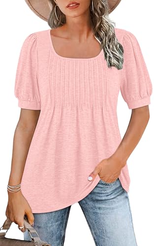 WNEEDU Tee Shirt Femme col Carré Tunique Femme Été T-Shirt Manches Courtes Chemise Fluide Plissée Hauts Chic Élegant Ample Top Rose Clair S