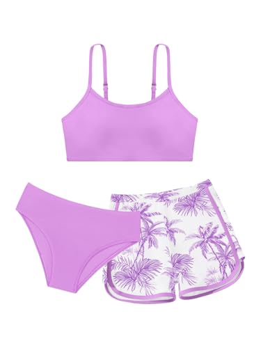 Image of Girls Swimsuit 3 Piece Bathing Suit Printed Sport Bikini Set with Shorts Summer Beach Swimwear for Teen Girls 9-16T
