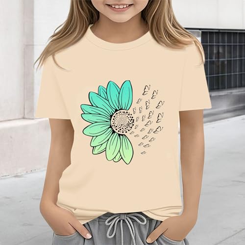 Girls Loose Fit Sunflower Graphic T Shirts Short Sleeve Crewneck Cute Pattern Printed Tops Kids (I-Beige, 12-13 Years)4