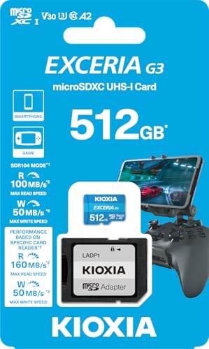 Image of KIOXIA EXCERIA G3 512GB MicroSDXC Memory Card | UHS-I U3, A2, V30 | Up to 160MB /s R, 50MB /s W | Made in Japan | 4K Video | with Adapter | Waterproof & Shockproof | 5-Yr Warranty