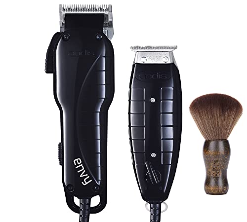 Andis Stylist Combo-Powerful High-speed adjustable clipper blade & T-Outliner T-blade trimmer with fine teeth for dry shaving, outlining and fading With a KEPSE Neck Duster (Black)