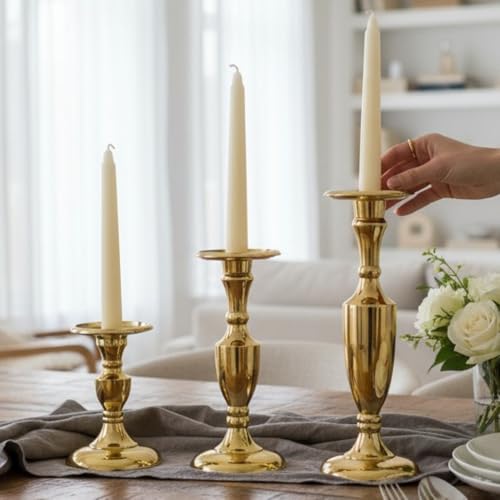 Image of Gold Plated Large Candle Stand /Candle Holder /Modern Design Candle Pillar Candle Holder for Home Decoration (Set of 3 Sizes (6 /9 /12 inches), Gold)