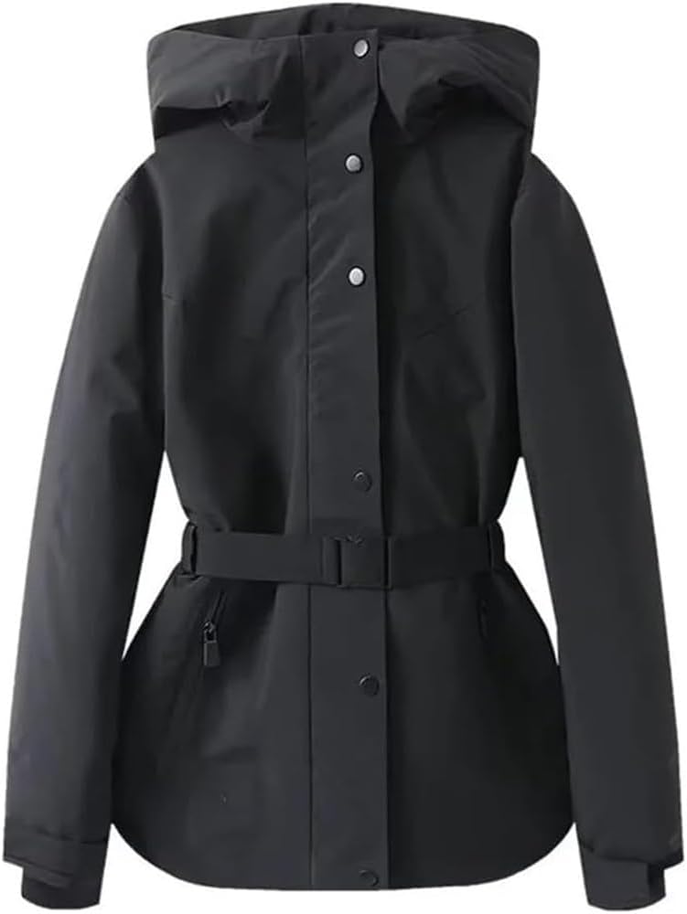 Women's Hooded Jacket Single Breasted Solid Color Cinched Waist Skiing Winter Warm Coat Stylish Outdoor