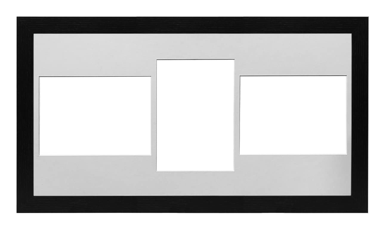 Black Frame 20x10' Multi Aperture Picture Frame with White Mount to fit (3x) 7x5' Photos with Perspex Sheet - Wall Mountable Landscape or Portrait