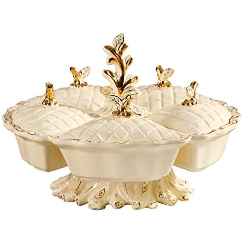ZJXGW European-Style Rotating Candy Tray Ceramic Creative Dried Fruit Tray with Lid Home Living Room Coffee Table Decoration Cover
