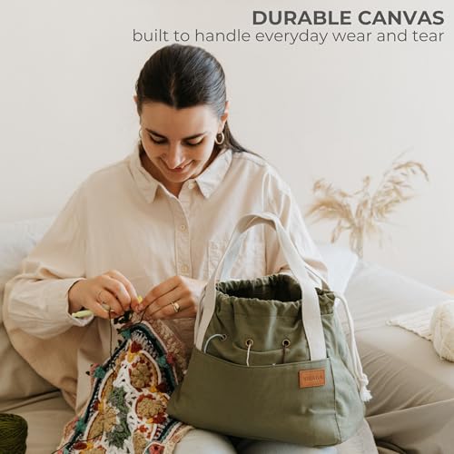 stylish crochet bag organizer easily organizes your yarn - durable canvas bag w 8 pockets stores plenty of yarn skeins amp crocheting suppliesaccessories - perfect basket for gifting to knitting fans