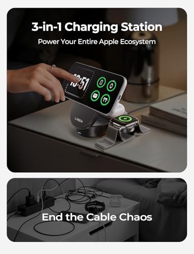 Image of LISEN [Ultra-Fast 25W] 3-in-1 Charging Station for Apple, Qi2.2 25W Foldable Wireless MagSafe Charger Stand for iPhone 17 /16 /15 /14 /13 Pro Max, Apple Watch&AirPods, Travel Portable with 45W Adapter | [3 in 1 Qi2.2 25W Fast Charging] Wireless Charger iPhone,[Compact] iPhone Charging Station,3-in-1 Charging Station for Apple