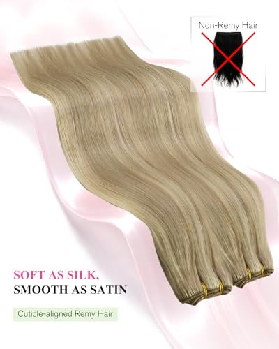 Image of YoungSee Sew in Hair Extensions Real Human Hair Blonde Hair Extensions Weft Golden Blond Highlighted Light Blonde Full Head Sew in Bundles Human Hair 16 Inch 100g