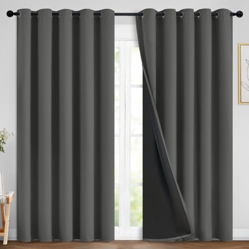 Image of Yakamok Dark Grey 100% Blackout Curtains 84 Inches Long 70 inch Wide 2 Panels | Blackout Curtain Panels for Bedroom, 2 Thick Layers Grommet Top Thermal Insulated Drapes with Black Liner for Living Room