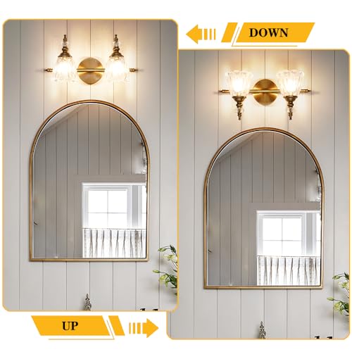 Image of Brass Vanity Light, Vintage Brushed Gold Bathroom Light Fixtures, 2 Light Bathroom Vanity Lights, Flower Glass Shade Wall Sconce Lighting