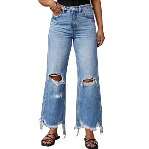 Women’s High Waisted Wide Leg Ripped Denim Pants Straight Leg Casual Stretch Jeans
