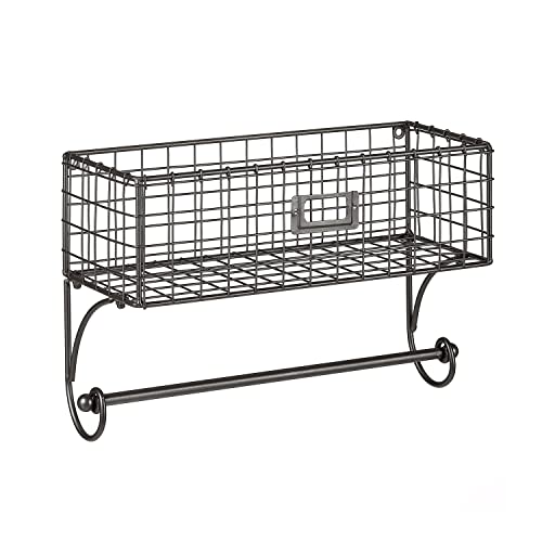 Jemeni Paper Towel Holder Wall Mount with Basket Storage Organizer for Kitchen Bathroom, Gray, 14