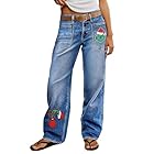 Flamingals Christmas Jeans for Women Mid Rise Straight Leg Stretchy Jeans with Patch Pocket Christmas Outfits Grinch Mid Blue M