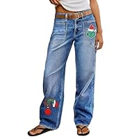Flamingals Christmas Jeans for Women Mid Rise Straight Leg Stretchy Jeans with Patch Pocket Christmas Outfits Grinch Mid Blue M