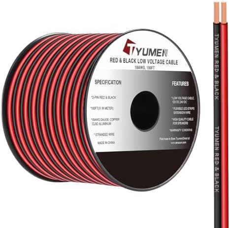 TYUMEN 100FT 18 Gauge 2pin 2 Color Red Black Cable Hookup Electrical Wire LED Strips Extension Wire 12V/24V DC Cable, 18AWG Flexible Wire Extension Cord for LED Ribbon Lamp Tape Lighting