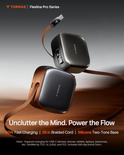 Image of TORRAS FlexLine Pro 60W USB C Charger Block with Retractable Cable, Brown