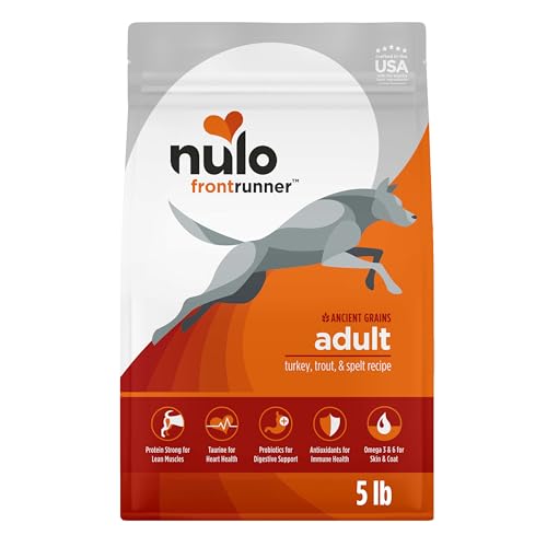 Image of Nulo Frontrunner Dry Dog Food - Adult High-Protein Turkey, Trout & Spelt Recipe, Natural Kibble with Ancient Grains, Probiotics, Taurine, Omega 3 for Small, Medium and Large Breeds, 5lb Bag