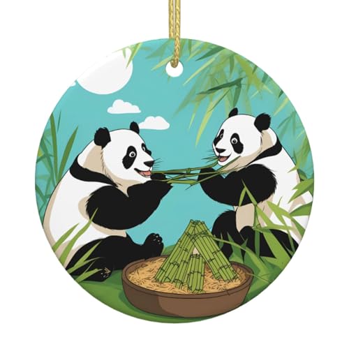 Decoración colgante de cerámica, exquisito patrón de dos bonitos pandas grandes para hogares, tiendas, centros comerciales