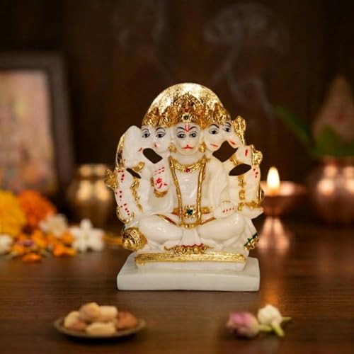 Image of Panchmukhi Hanuman Idol Marble Finish | Five-Faced Hanuman Statue for Home Temple Decor | Gold Painted Hindu God Showpiece for Puja Room & Gift