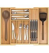 Thalomely Bamboo Silverware Drawer Organizer, 6-8 Slots Kitchen Drawer Tray | 13"-21.69" Expandab...