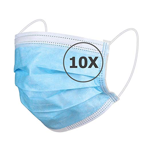 TBOC Mascarilla Higiénica No Reutilizable - [Pack 10 Unidades] [Color Azul] Antipolen Antipolvo Ligera Suave y Transpirable [Desechables] con Pinza Nasal Protección Facial [Alta Filtración]