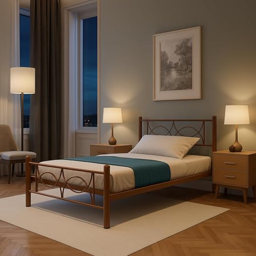 Image of Luno Metal Extra Single Size Bed Without Storage | Wrought Iron Single Bed with Headboard & Footboard| Sturdy Powder Coated Platform Cot for Bedroom (Luno Brown)
