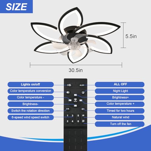 ZHMDJDSH 30" Geometric Ceiling Fan with Light Remote Control, 6 Speeds 3 Colors, Black Low Profile Flush Mount Ceiling Fan for Bedroom Kitchen Living Room — view 4