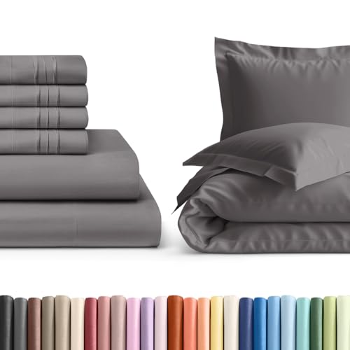 7 Piece Dark Grey Split King Bed Sheet Set with Duvet Cover - 8 to 16 inch Deep Pockets - 1 Flat, 2 Fitted Sheet & 4 Pillowcases - Oeko-TEX - Ultra Soft, Cozy and Wrinkle Free - Hotel Luxury