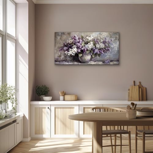 SERIMINO Still Life Large Wall Art, Purple Floral Canvas Prints Paintings, Vintage Vase Flowers Pictures Wall Decor Living Room Bathroom Kitchen Farmhouse Decor Artwork 20"X40"