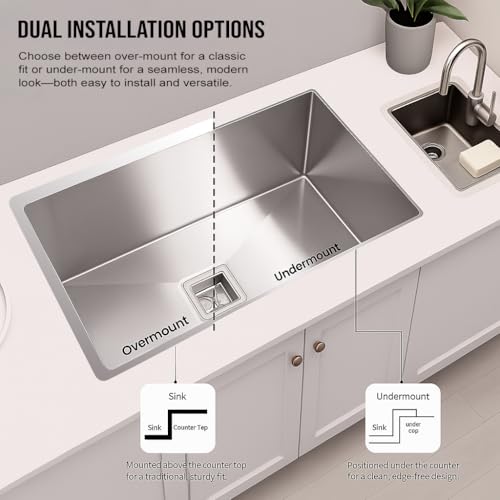 Image of Kitchen Sink (32X20X10) Inches| Heavy Duty Stainless Steel Sink | Undermount & Topmount Installation | Brushed Finish with Grid Drain | Compact Square Sink for Kitchen, Bar or Utility