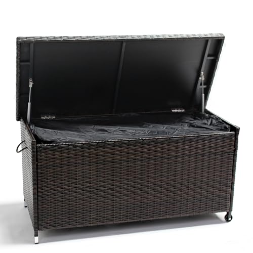 Generisch Kissenbox Aufbewahrungsbox mit Deckel, Innensack und Schloß, ca. 400 Liter Box für die Auflagen und Kissen Polyrattan Gasdruckfeder Gartentruhe, Gartenbox Braun Neu