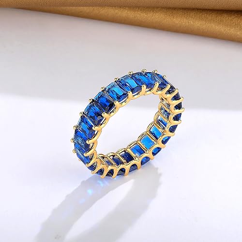 MDFUN Blue Baguette Ring Eternity Rings 18K Yellow Gold Plated for Women Deep Blue Spinel Wedding Promise Engagement Band Size 5-102