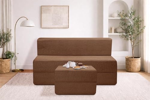 Image of Rosebell Foldable Sofa-Cum-Bed with Ottoman | 3-in-One Foldable Sofa, Lounger & Bed-4x6 Feet Two Seater- Perfect for Home & Office -Brown-Color