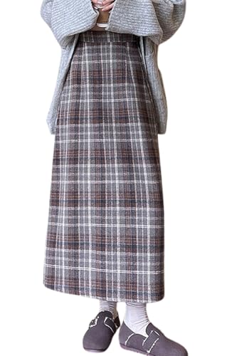 chouyatou Women Fall Winter Elastic High Waist Plaid Skirt A-Line Maxi Long Wool Pencil Skirt with Split