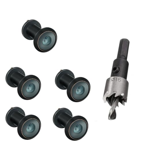 TOGU 5PCS of 220-degree Solid Brass Peep Holes for Door with 16mm Drill Bit, 0.63 inch Door Peephole with Privacy, Compatible with Door Thick from 1-3/8" to 2-1/6", Classic Matte Black Finish