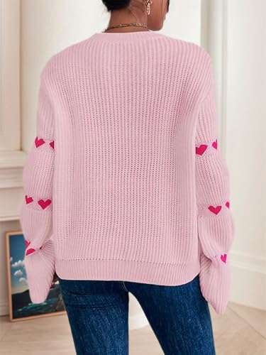 Image of Women's Casual Heart Cute Sweater Round Neck Drop Shoulder Long Sleeve Knitted Pullover Sweater Top