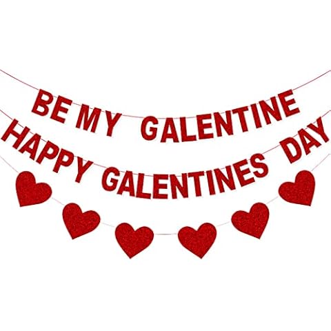 Happy Galentine's Day Banner, Red Glitter BE MY GALENTINE Galentine's Day Banner Sign with Heart Garland for Ladies Girls Friends Valentine’s Day Party Decor, Break Up Party Favor Photo Props Cover