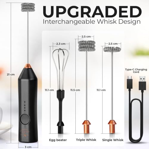 Image of Zulay Kitchen Rechargeable Milk Frother Handheld - Frother Wand, Drink Mixer, Electric Whisk Frother, for Cappuccinos, Matcha & Protein Powder - Dynamic 3 Whisk, 3 Speed 500mAh Black Copper