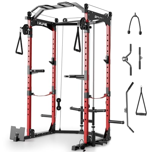 Power Cage,2000LBS Adjustable Multi-Functional Power Racks, Dual Pulley Cable System, Squat Rack for Strength Fitness, with More Training Attachment for Home Gym