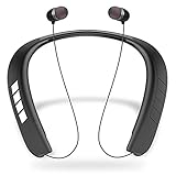 Neckband Bluetooth Headphones, Retractable Earbuds Wireless Headset Sport Noise Cancelling Stereo Earphones with Mic for Running, Driving, Working Compatible with iPhone, Android, Samsung (Black)
