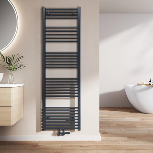 EMKE Badheizkörper Gerade 1600x500 mm - Handtuchheizkörper mit Mittelanschluss, Effizienter Handtuchwärmer Handtuchtrockner Heizkörper für Bad, Anthrazit, 654W