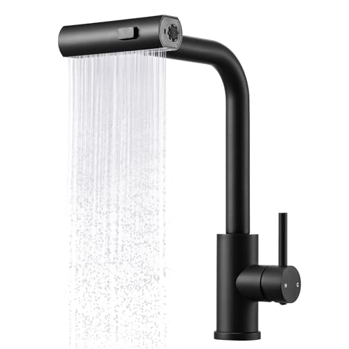 Peppermint Matt Black Kitchen Taps with Pull Out Spray Waterfall Kitchen Tap with Pull Out Hose Stainless Steel Sink Tap Mixer Single Lever Mixer Taps 1 Hole 3 in 1 Faucet with 360 Swivel