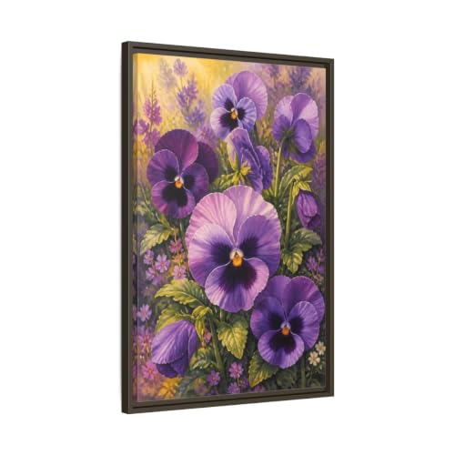 Tableau floral de pensées violettes haut de gamme avec cadre espresso 3 cm