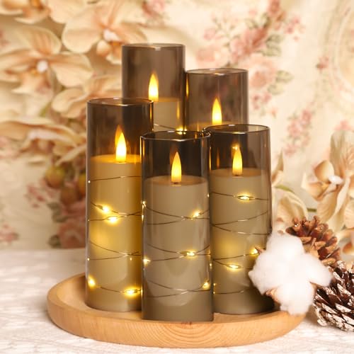 Image of Flameless LED Candles with Timer Acrylic Shell Flickering Flameless Candles for Romantic Ambiance and Home Decoration with Embedded Star String Battery Operated Candles 5 Pack（Grey）