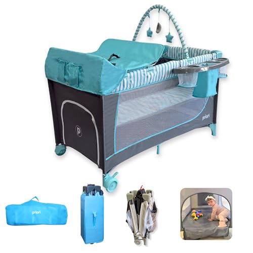 Priori Baby Nauta berço de viagem dobrável 5 em 1 para bebé, portátil, parque, trocador, ginásio e organizador, malha respirável rodas com travão bolsa de transporte, 0-3 anos até 15 kg (azul)