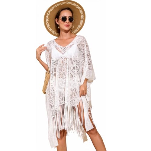Image of SANNIDHI Women's Lace Beach Cover Up Embroidered Swimsuit Coverups Full Sleeve Boho Sheer Bathing Suit Swim Dress for Poolside, Seaside and Party